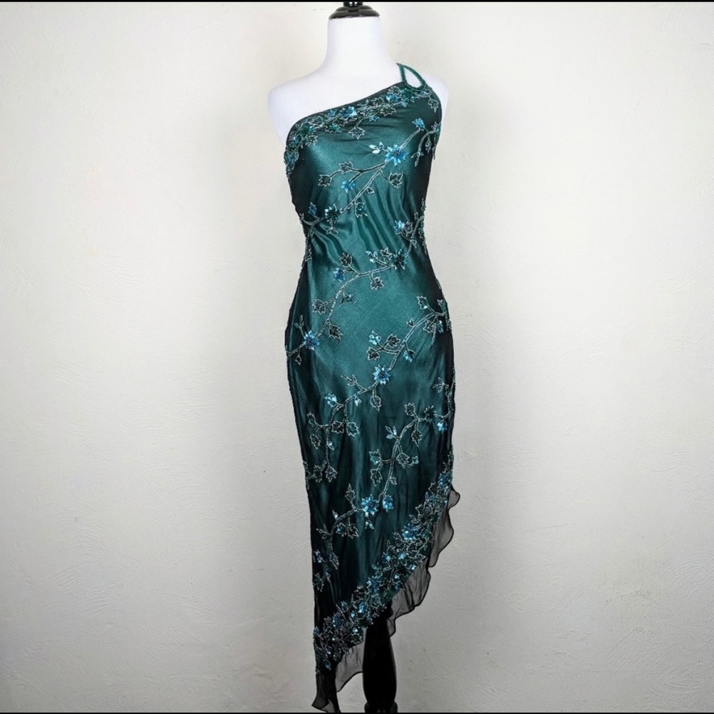 Scala Green Blue One Shoulder Beaded Silk Dress